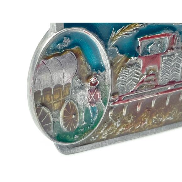 VTG 1986 CJ INC Cowboys & Indians BELT BUCKLE Farm Tractor Indian Chief Horse - Picture 2 of 7